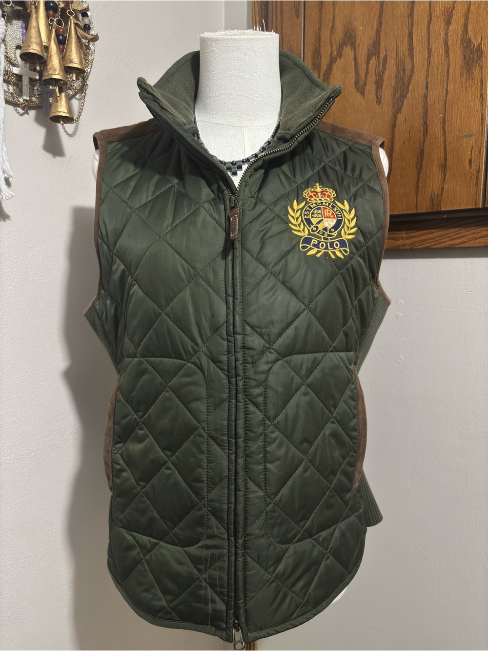 Polo by Ralph Lauren Quilted Olive Green Vest with Embroidered Crest Size Medium
